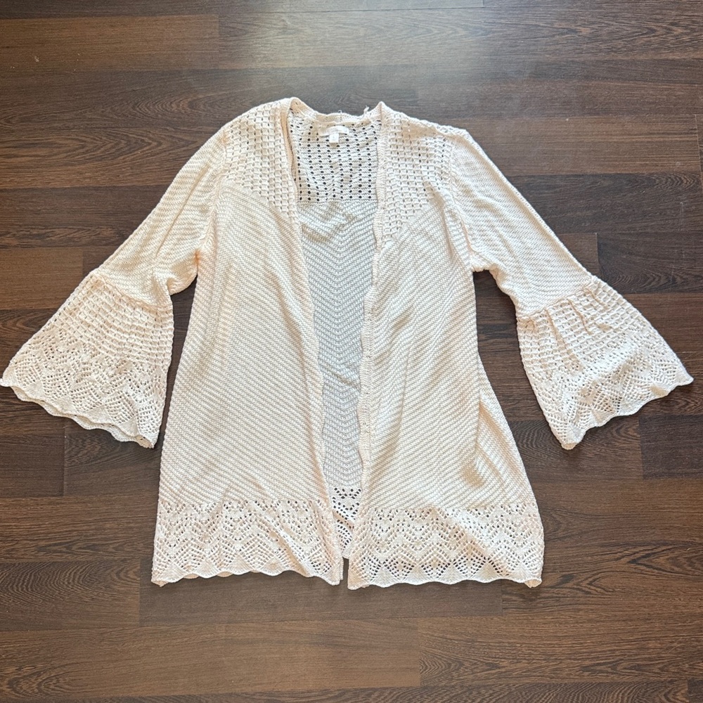 LC Lauren Conrad Bell-Sleeve Pointelle Cardigan Apricot Large